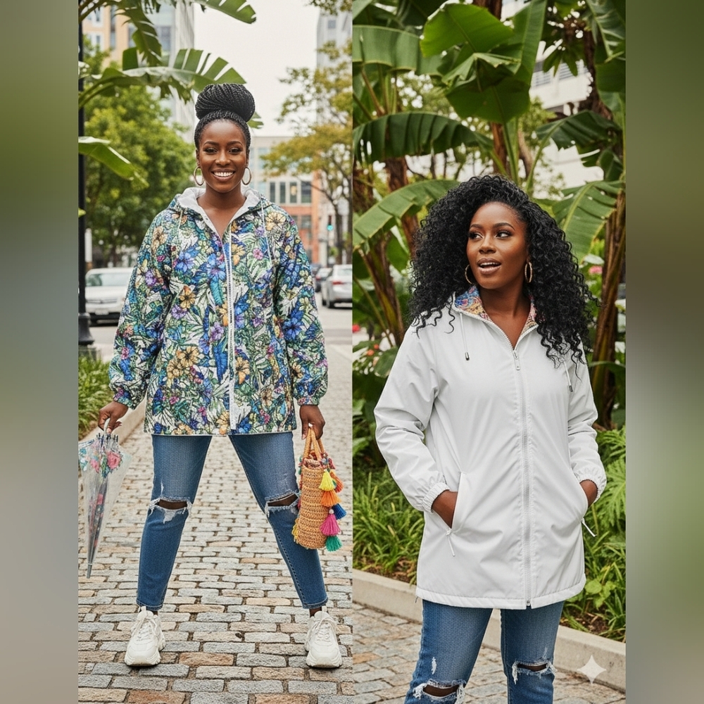 Susan Graver Reversible Hawaiian Hibiscus Tropical Hooded Womens Raincoat 1X